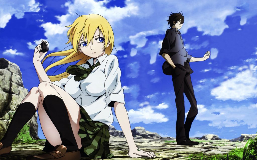 Ryouta and Himeko sitting on a cliff in the Btooom anime