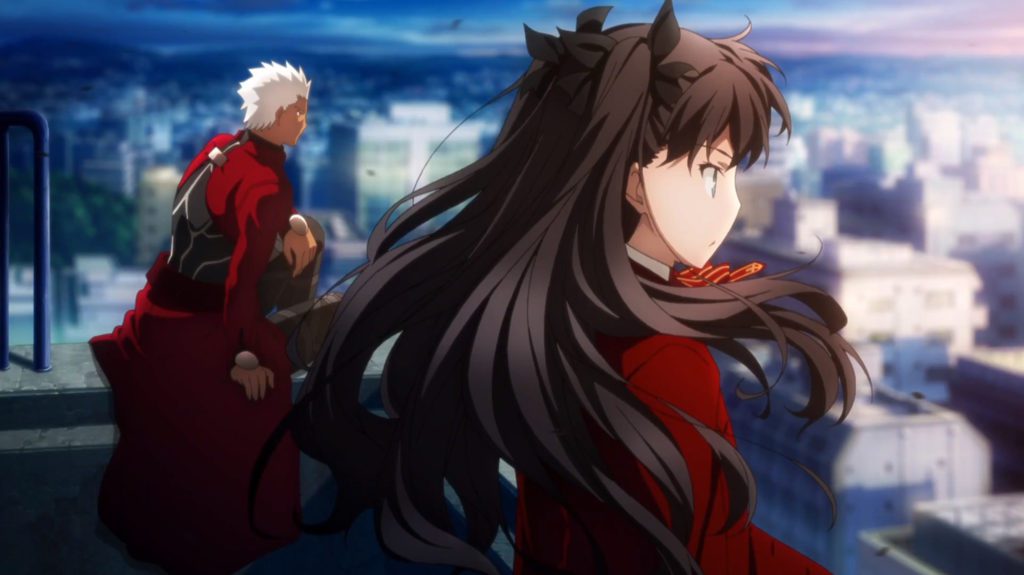 Rin and Archer looking out over the city in the Fate/Stay Unlimited Bladeworks anime
