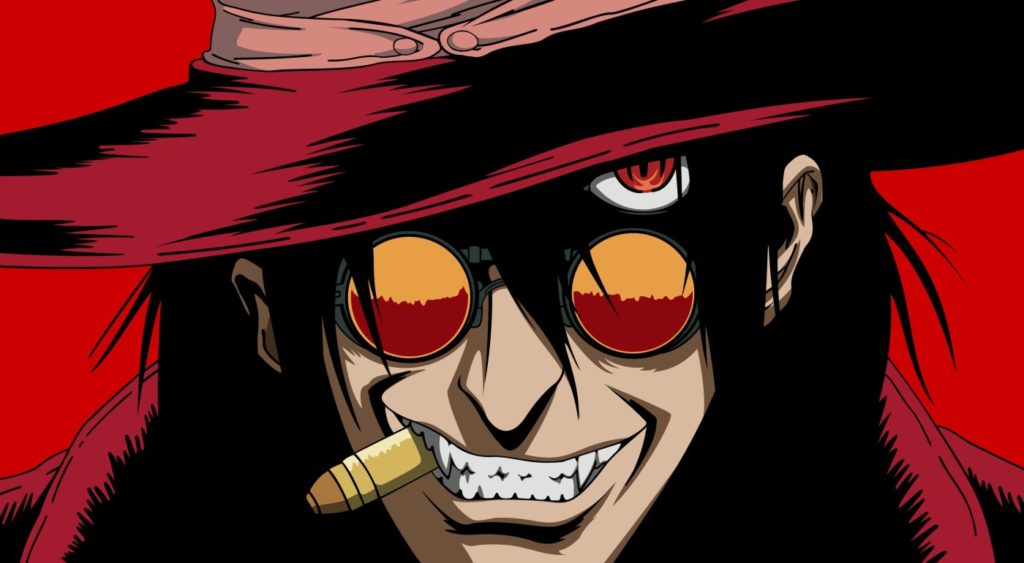 alucard from the Hellsing anime chewing on a bullet