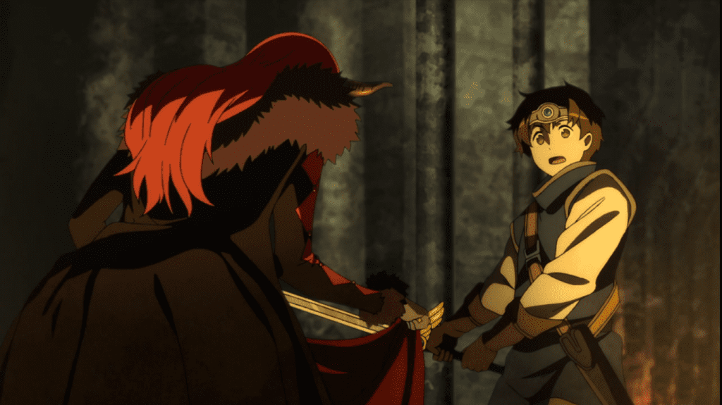 The Hero looking on as the Demon Queen bows from the Maoyu anime
