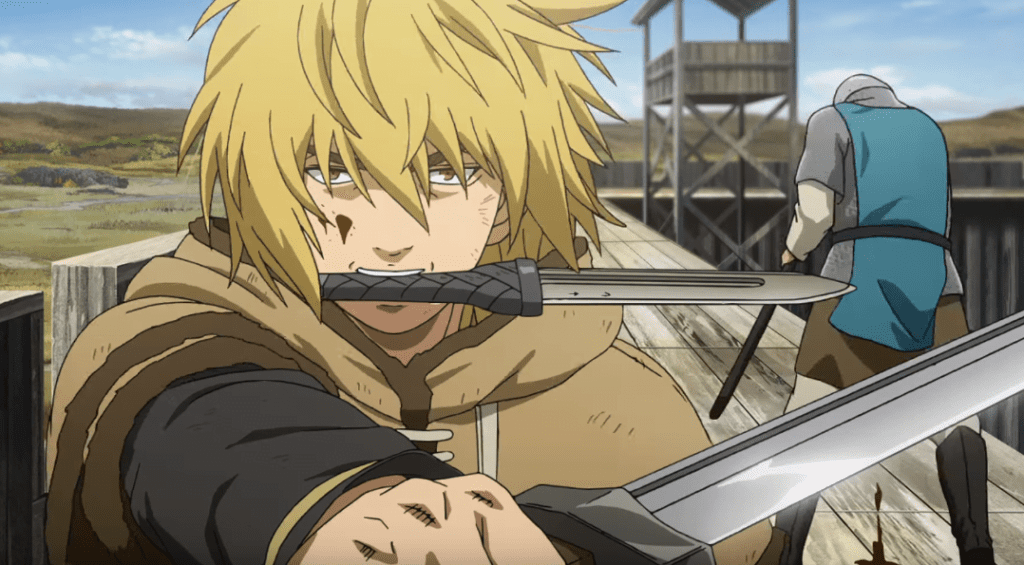 Thorfinn with a knife in his mouth and hand in the vinland saga anime