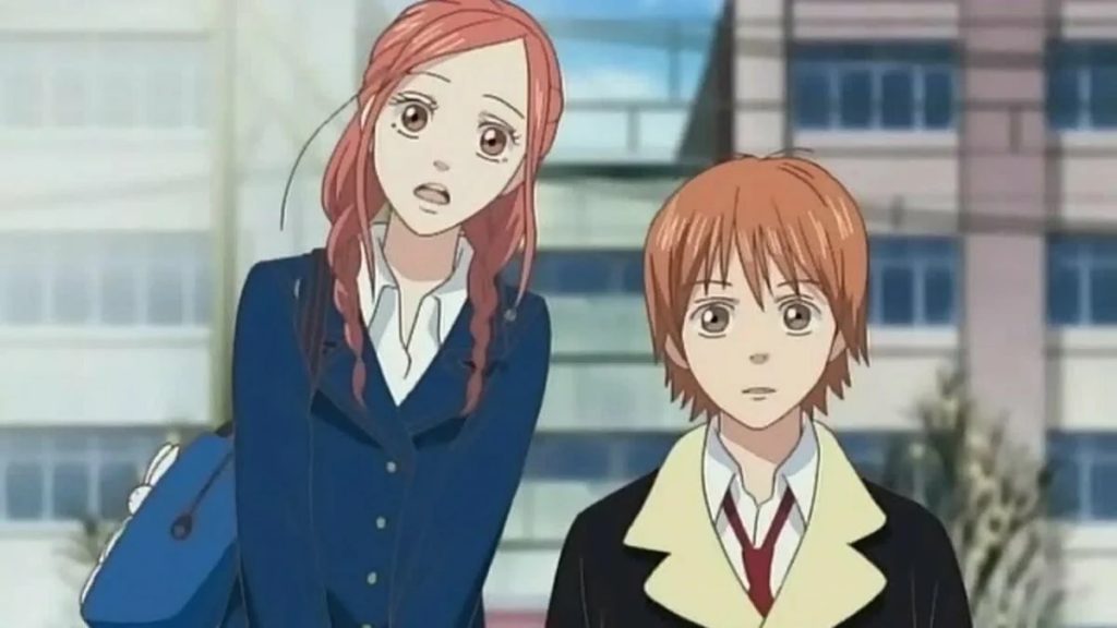 Risa and Atsushi staring from the Lovely Complex anime