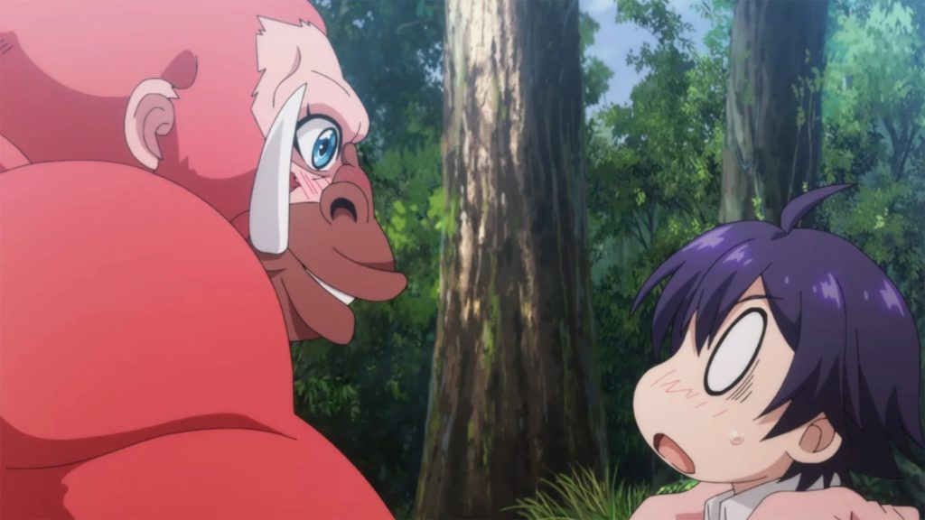 Seichii being help by a pink gorilla with anime girl eyes in the Fruit of Evolution anime
