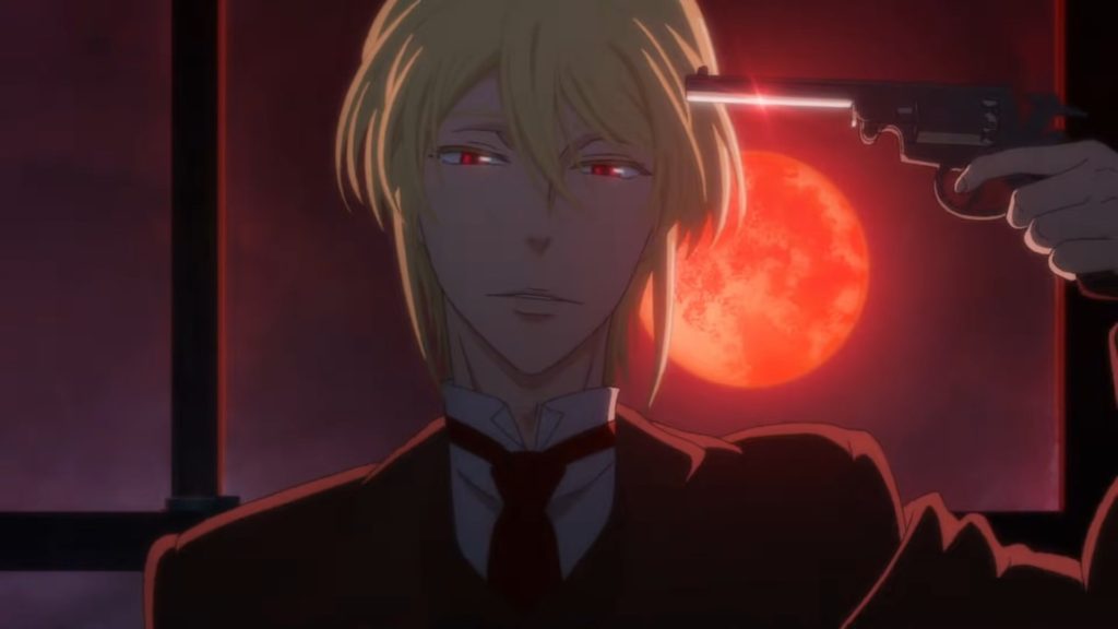 Moriarty from the Moriarty the Patriod anime pointing a gun at his head during a red moon