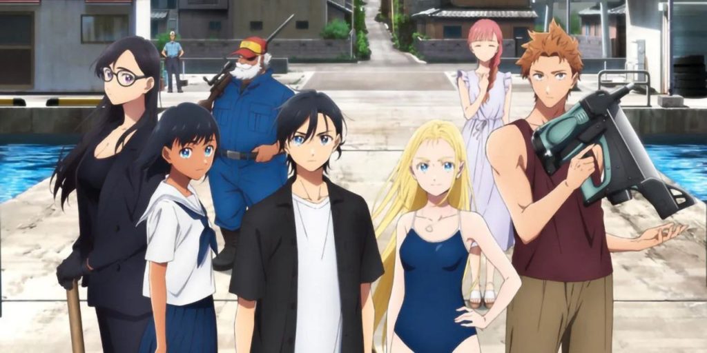 The main cast of Summertime Render anime posing by the sea