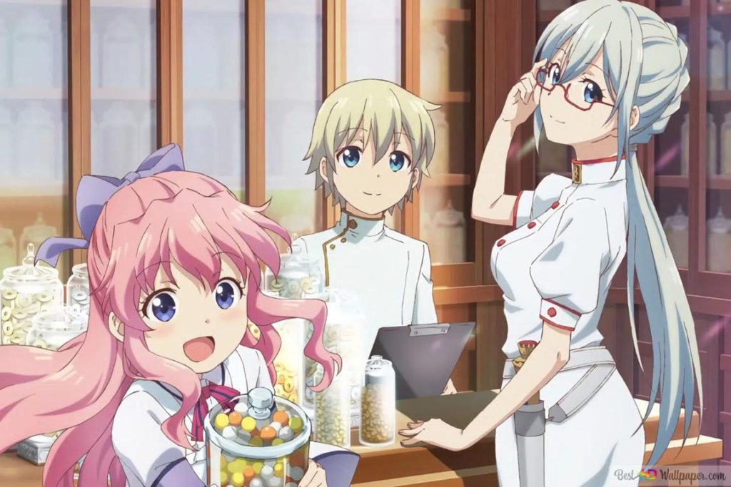 The main cast of Parallel World Pharmacy anime working in their shop