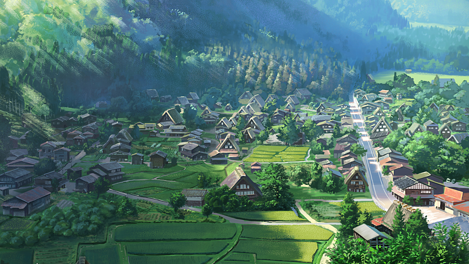 Serene anime illustration of a countryside in summer on Craiyon