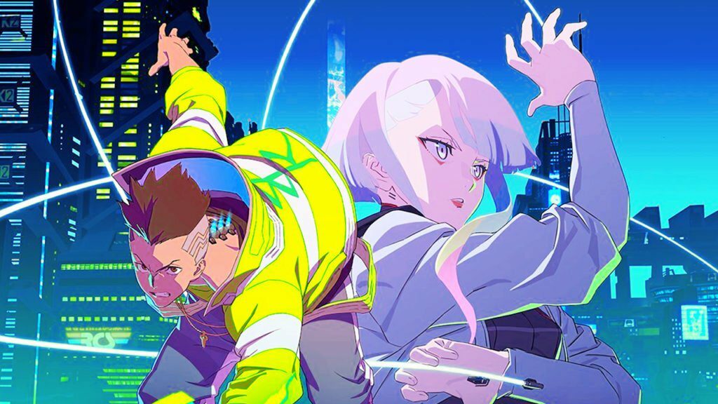 David and Lucy over Night City from the Cyberpunk Edgerunners anime