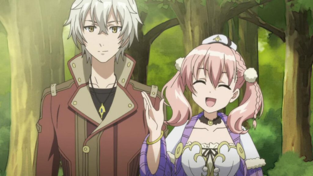 Escha and Logy standing in a forest from the Atelier anime