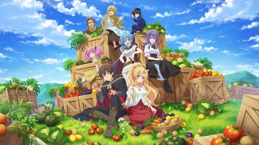 the main characters of the I've Somehow Gotten Stronger When I Improved My Farm-Related Skills anime sitting on produce