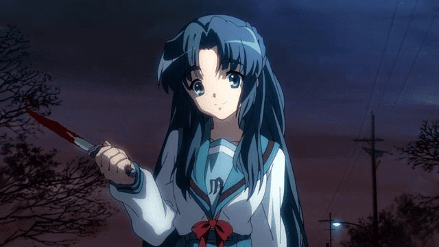 Asakura holding a bloody knife in the Melancholy of Haruhi Suzumiya anime