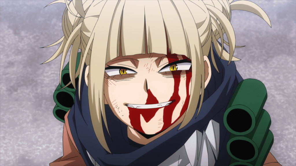 Himeko toga from the my hero academia anime smiling as blood runs down her face