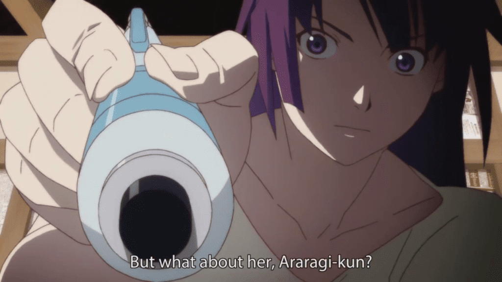 Hitagi about to poke out Araragi's eyes in a yandere rage in Bakemonogatari