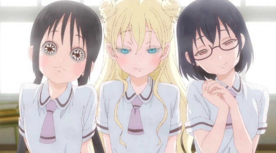 Hanako with comical doe eyes, Olivia scheming, and Kasumi looking sweet in the Asobi Asobase anime