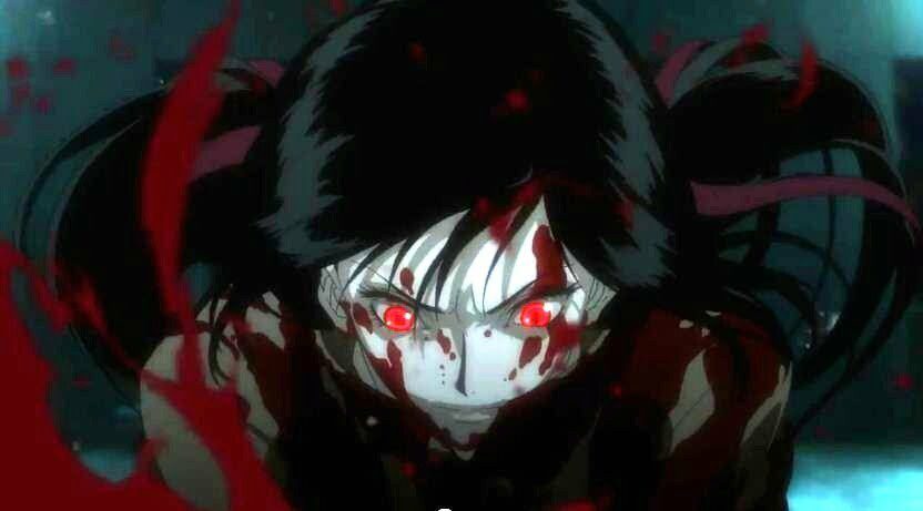 Saya from the Blood C anime covered in blood with glowing red eyes