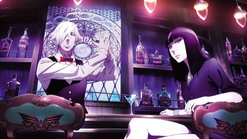 Decim making a cocktail while a woman in black waits from Death Parade