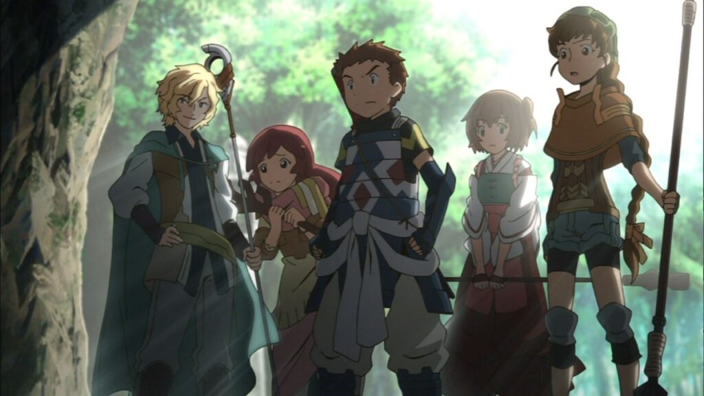 A group of anime adventurers at the entrance of a dungeon