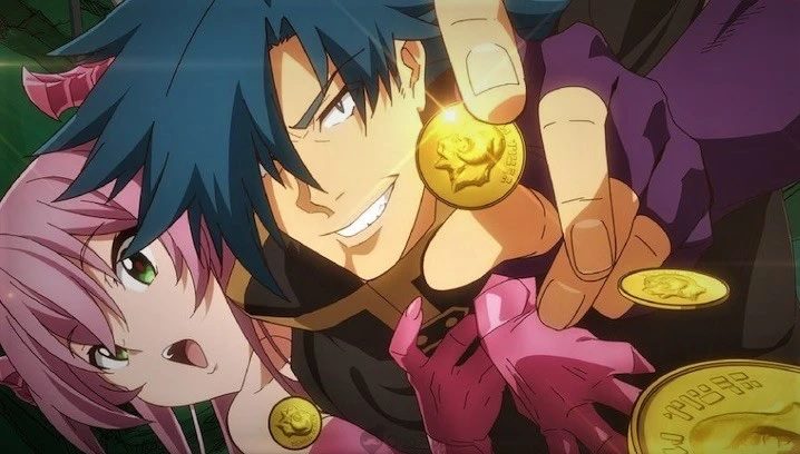 Kinji from the Dungeon of Black Company anime holding a gold coin