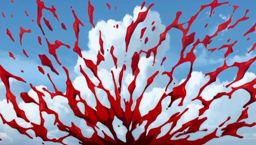 a splatter of anime blood over a partly cloudy sky