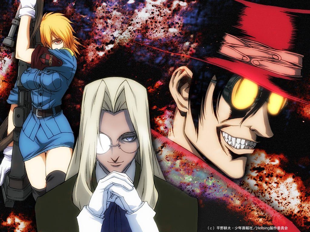 Seras carrying a gun, Alucard smiling, and Integra with folded hands from the Hellsing Ultimate anime
