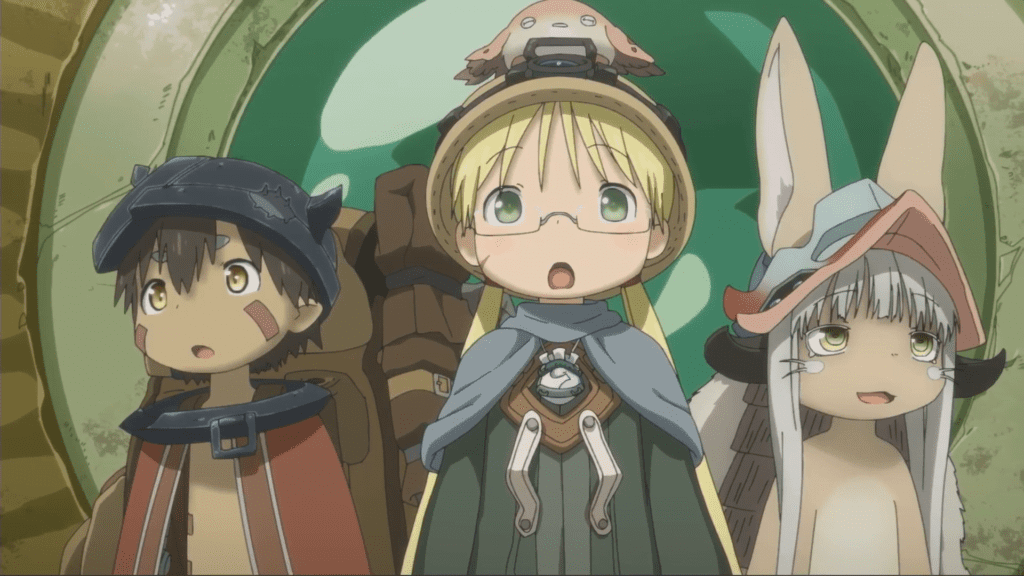 Reg, Riko, and Nanachi stare out in awe in the Made in Abyss anime.