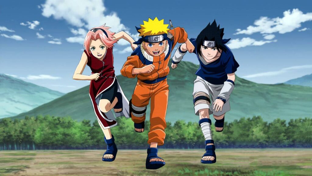 Sakura, Naruto, and Sasuka running towards the screen in the Naruto anime