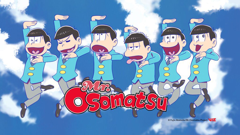 All six Osomatsu brothers from the Osomatsu-san anime jumping in the air