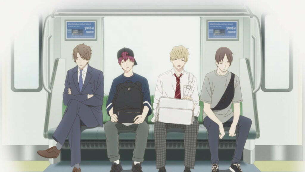The main cast of the play it cool guys anime all asleep on a train
