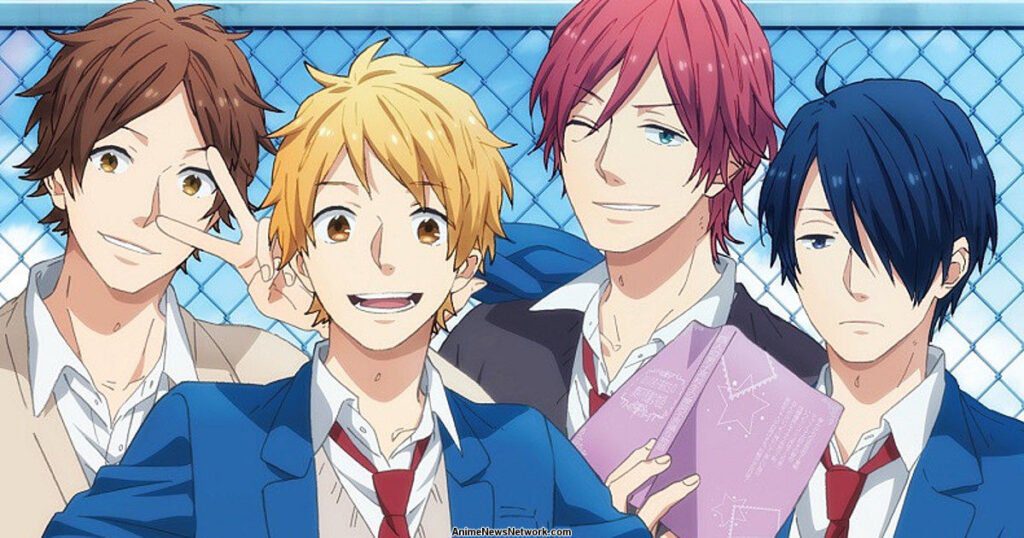 The main cast of the Rainbow Days anime posing for a photo in front of a chain link fence