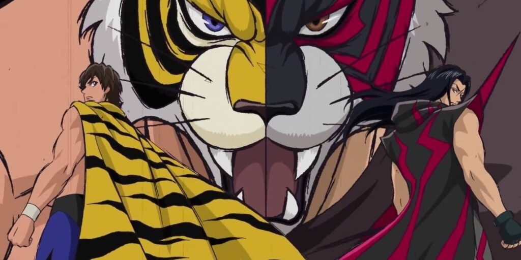 The two main characters of the Tiger Mask W anime standing with backs turned int front of a tiger face