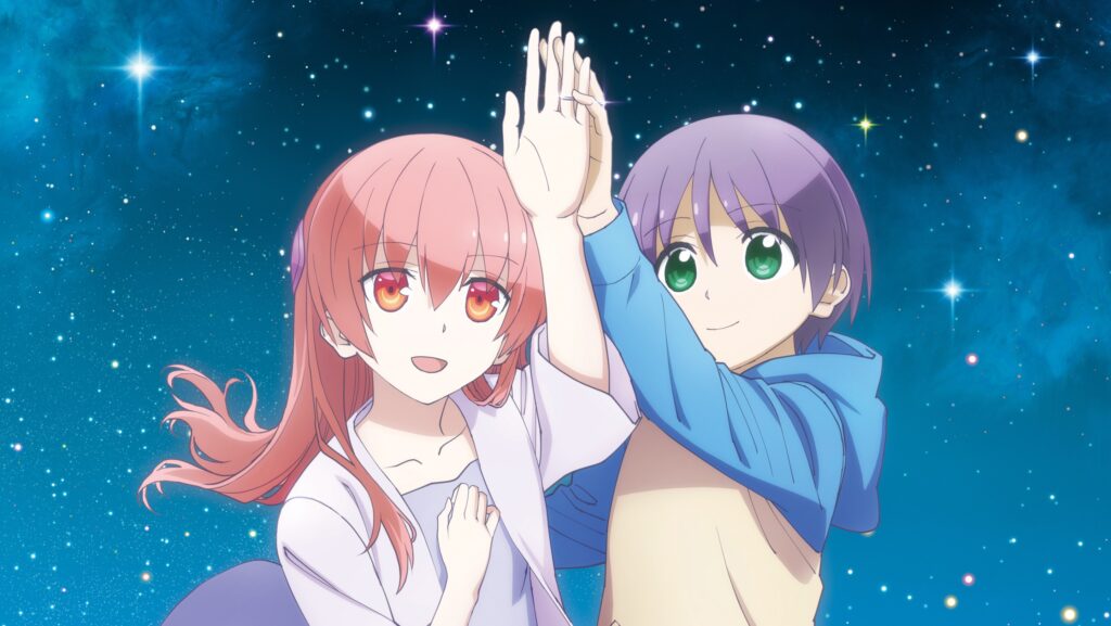 Nasa and tsukasa looking at their wedding rings in Tonikawa anime