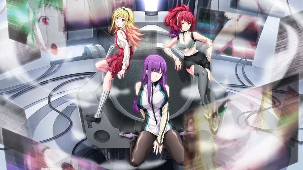The main girls in the World's End Harem anime sitting sexily