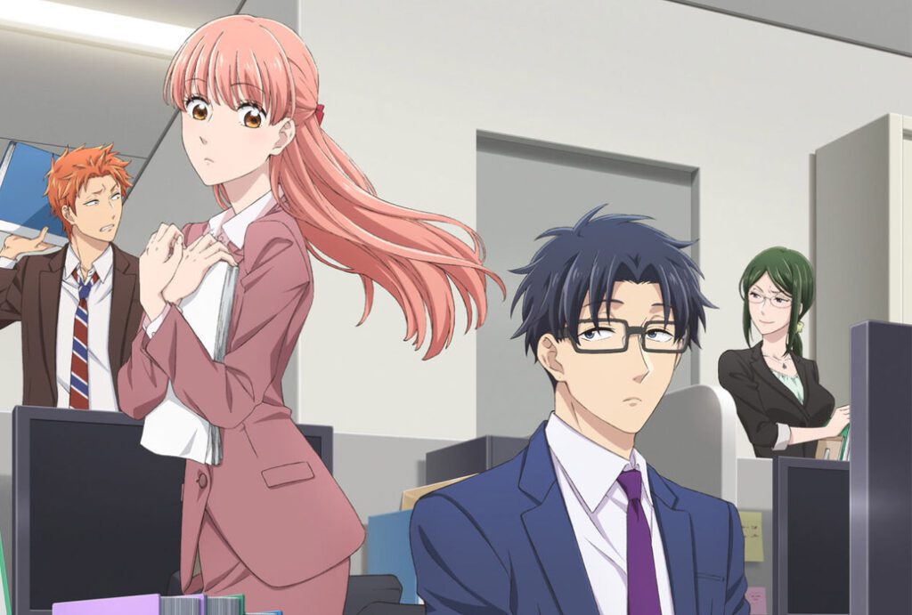 Narumi and Nifuji looking at each other at work in the Wotakoi anime