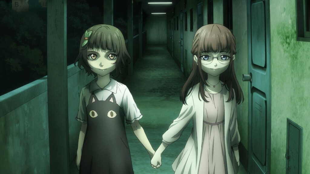 kimi and yuri holding hands ominously in Housing Complex C anime
