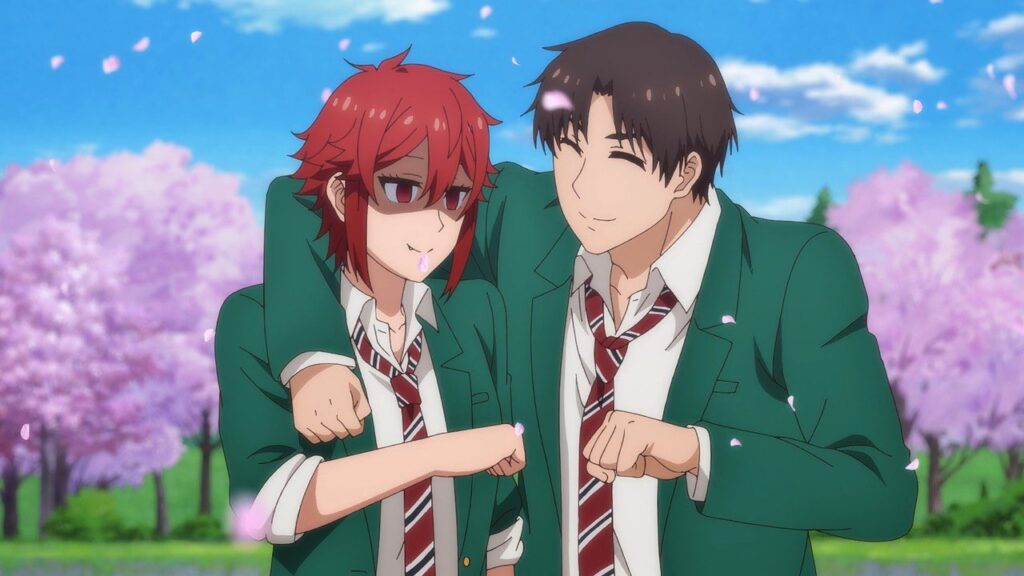 tomo and jun fist bumping in the tomo-chan is a girl anime