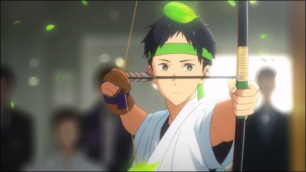 Minato shooting a bow in the tsurune anime